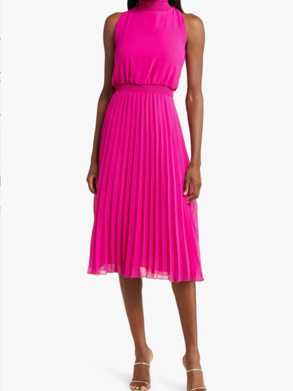 Smocked Plissé Midi Dress